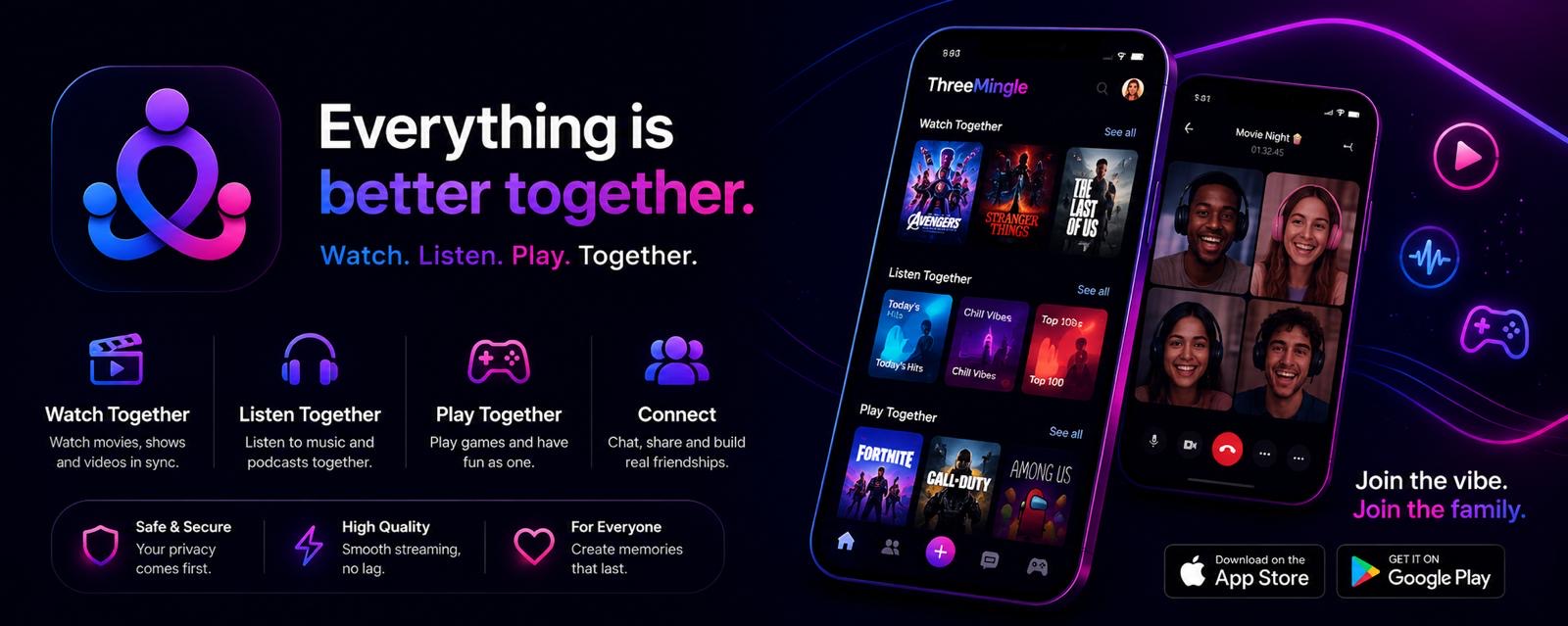 ThreeMingle feature overview — watch together, listen together, play together and connect over voice and video chat