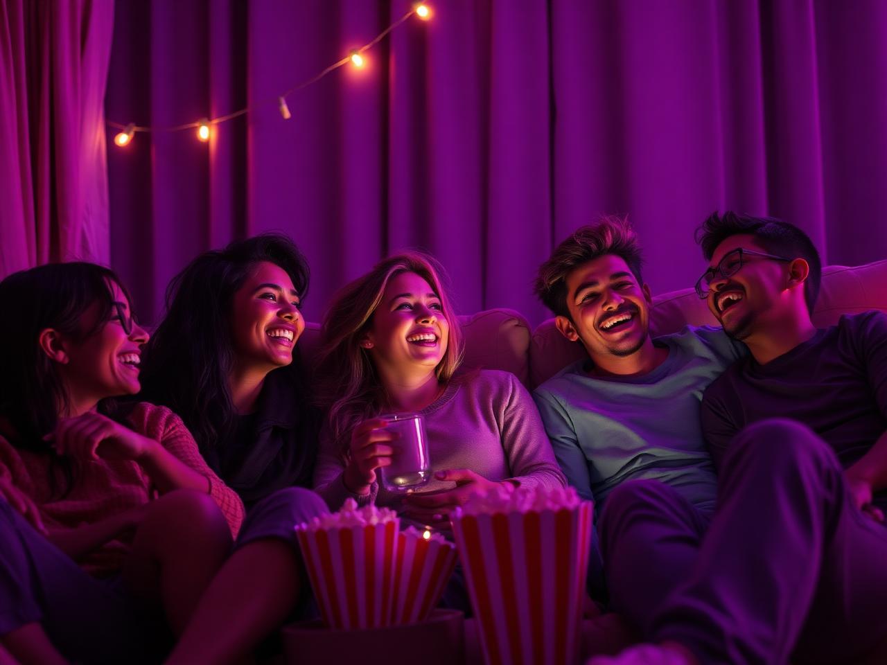 Group of friends watching a movie together on a cozy couch